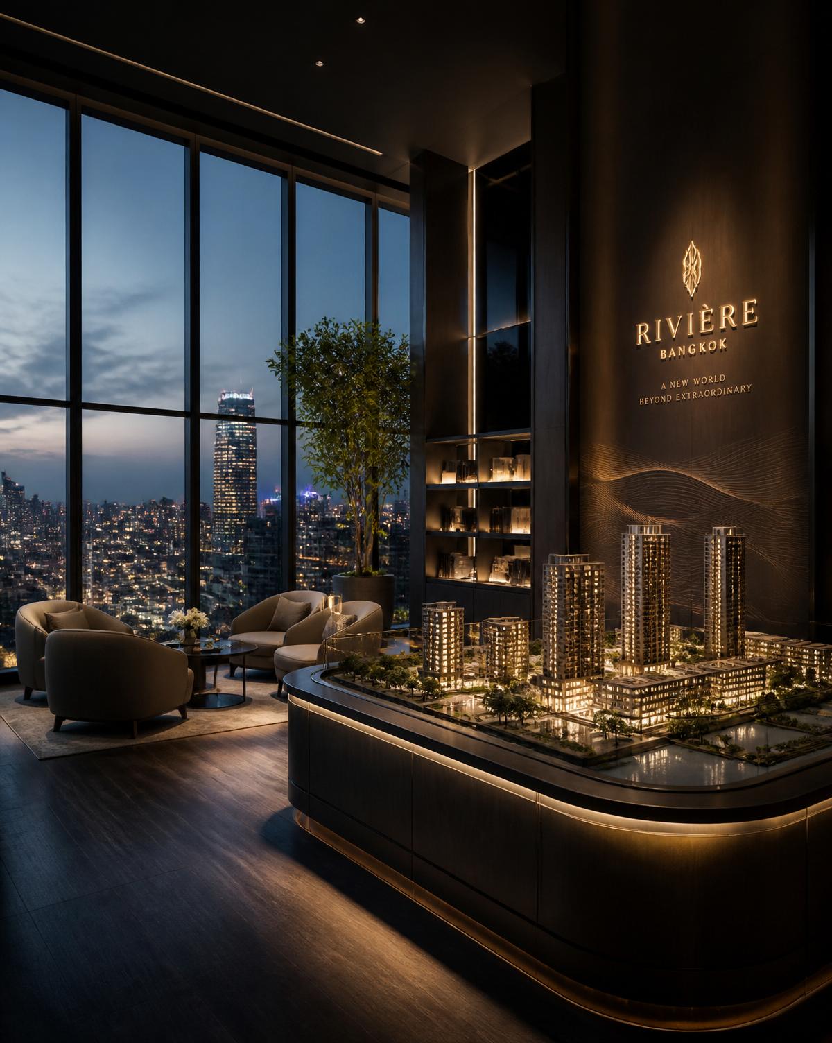 A luxury sales gallery at dusk overlooking the city skyline